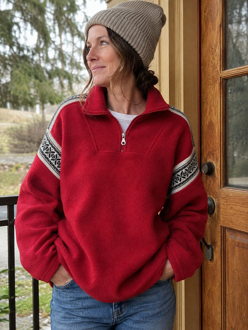 Vintage Lands’ End LRG Red Fleece Pullover Nordic Fair Isle 1/4 Zip Made in USA